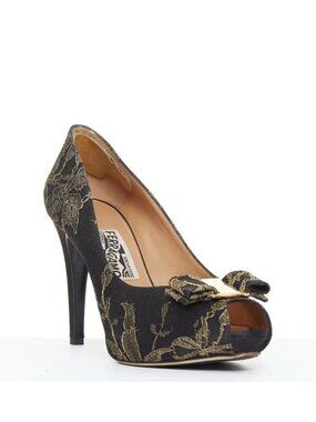 Salvatore Ferragamo Teodora Peep Toe Satin Lace Pumps Size 9.5 Black Gold